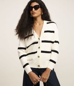 Cardigan em Tricô com Abotoamento Frontal e Estampa Listras
