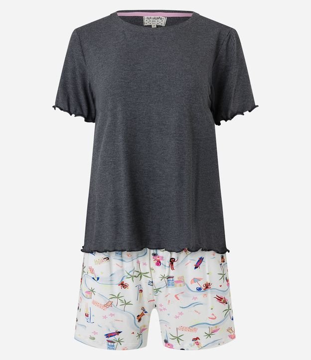 Pijama Curto em Viscolycra com Textura Canelada e Estampa Litoral Cinza 5