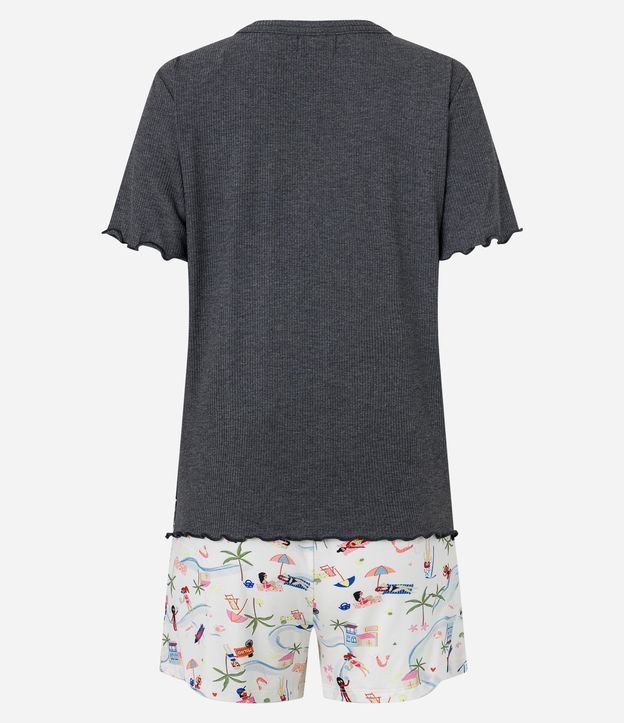 Pijama Curto em Viscolycra com Textura Canelada e Estampa Litoral Cinza 6