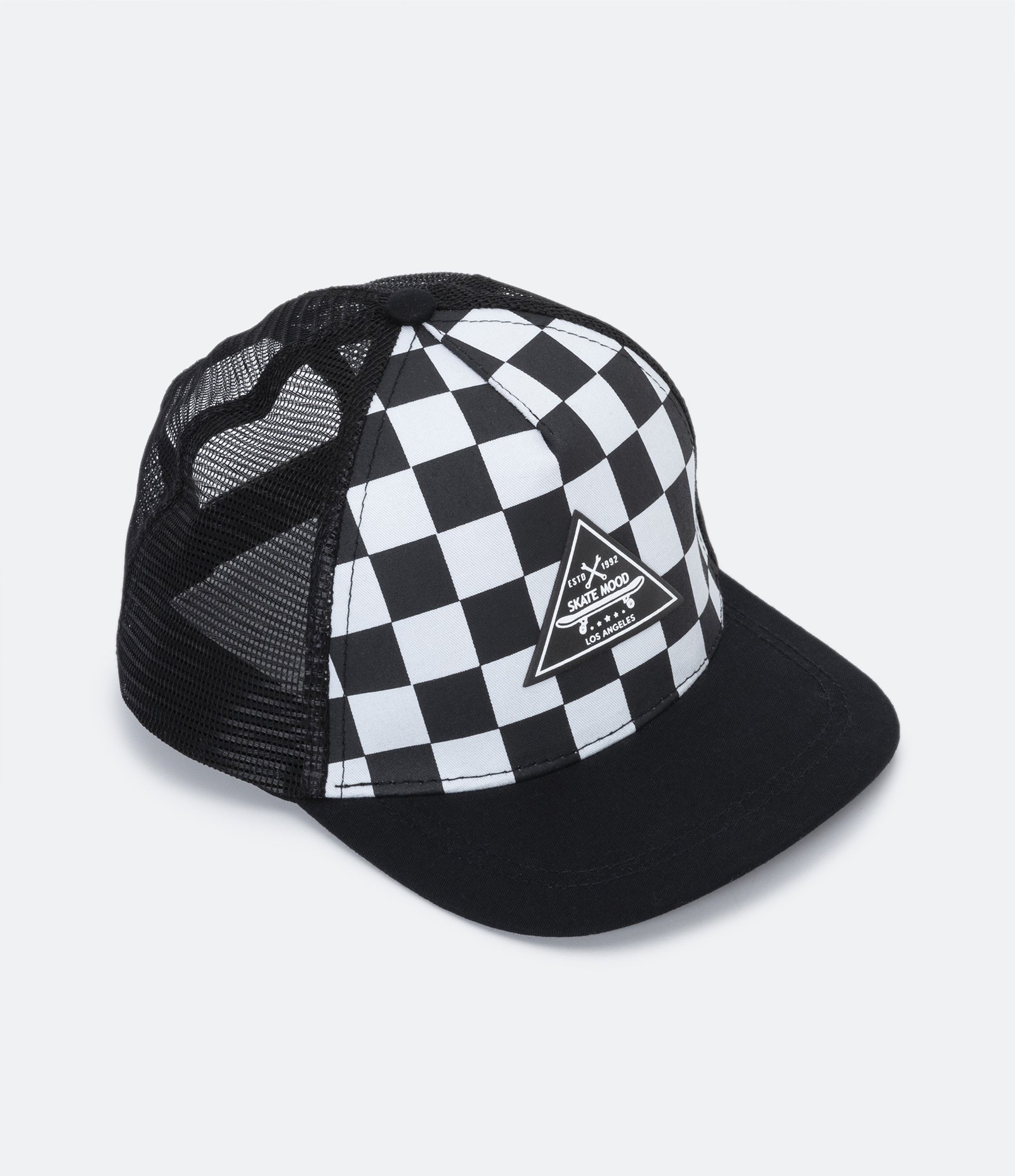 Boné Infantil em Sarja com Estampa Quadriculada e Patch Skate Mood Preto 1