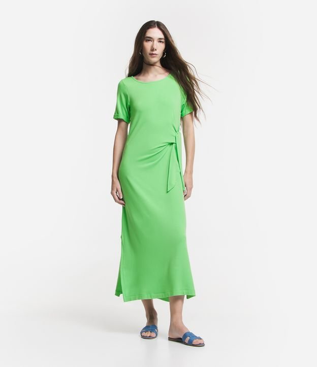 Vestido Longo Manga Curta em Viscose com Laço e Fenda Verde 1