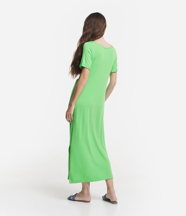 Vestido Longo Manga Curta em Viscose com Laço e Fenda Verde 5