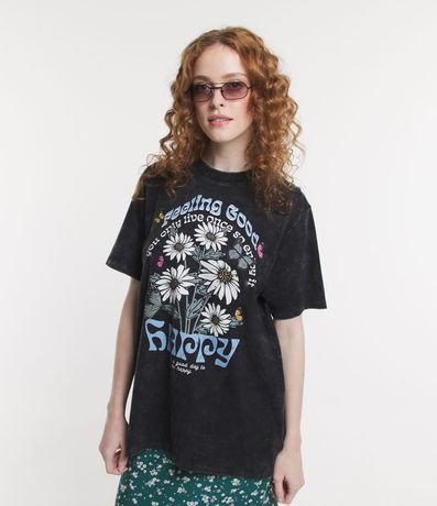 Camiseta Alongada em Meia Malha com Estampa Feeling Good Menor preço em Camiseta Alongada em Meia Malha com Estampa Feeling Good