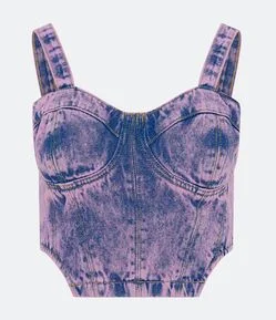 Blusa Cropped em Jeans Corsetado e Decote Coração