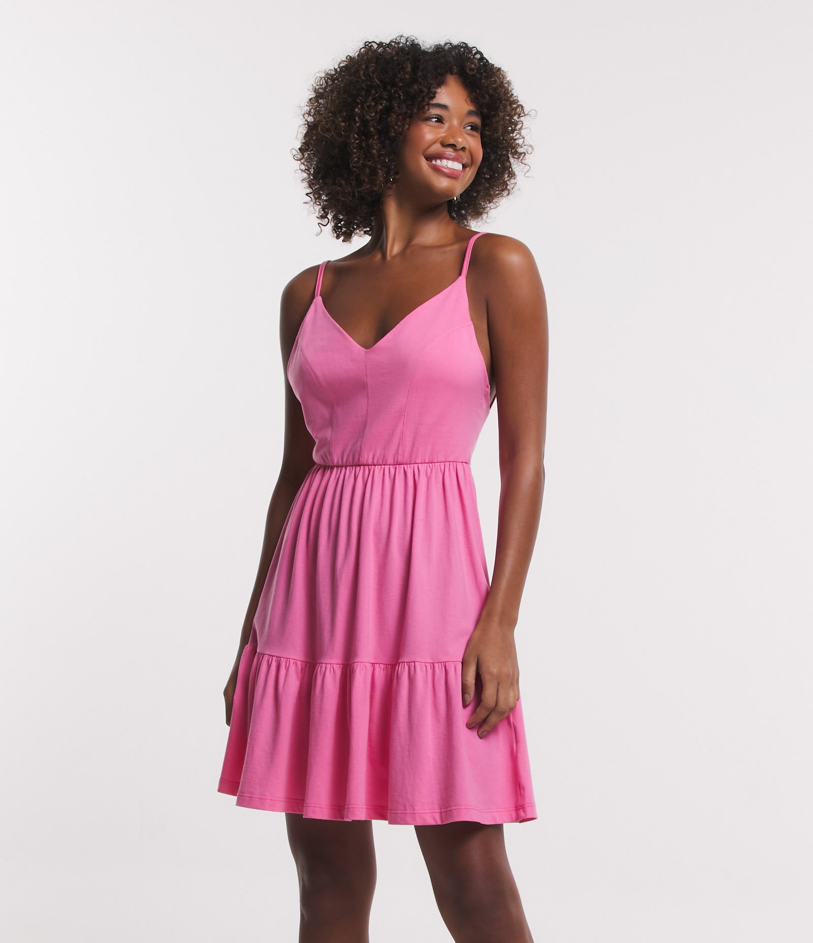 Vestido Curto em Meia Malha com Recortes Franzidos Rosa 2