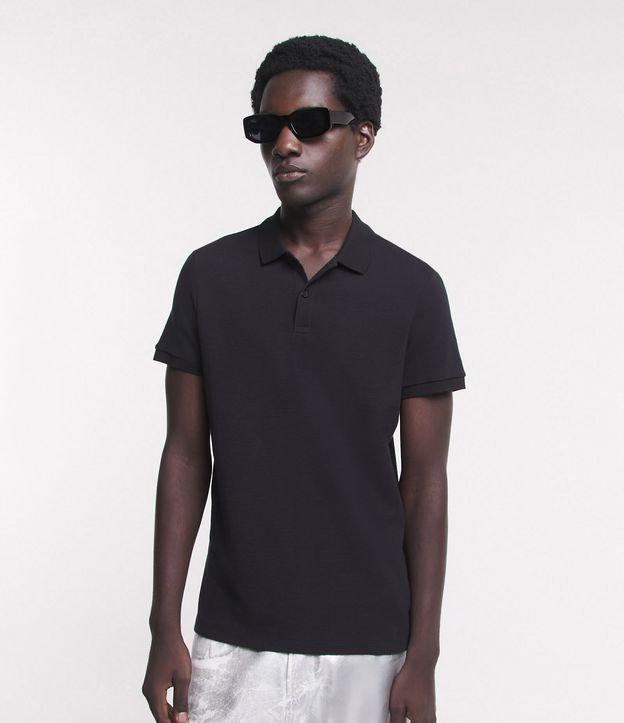 Camiseta Polo Slim em Algodão com Botões e Textura Canelada Preto 6