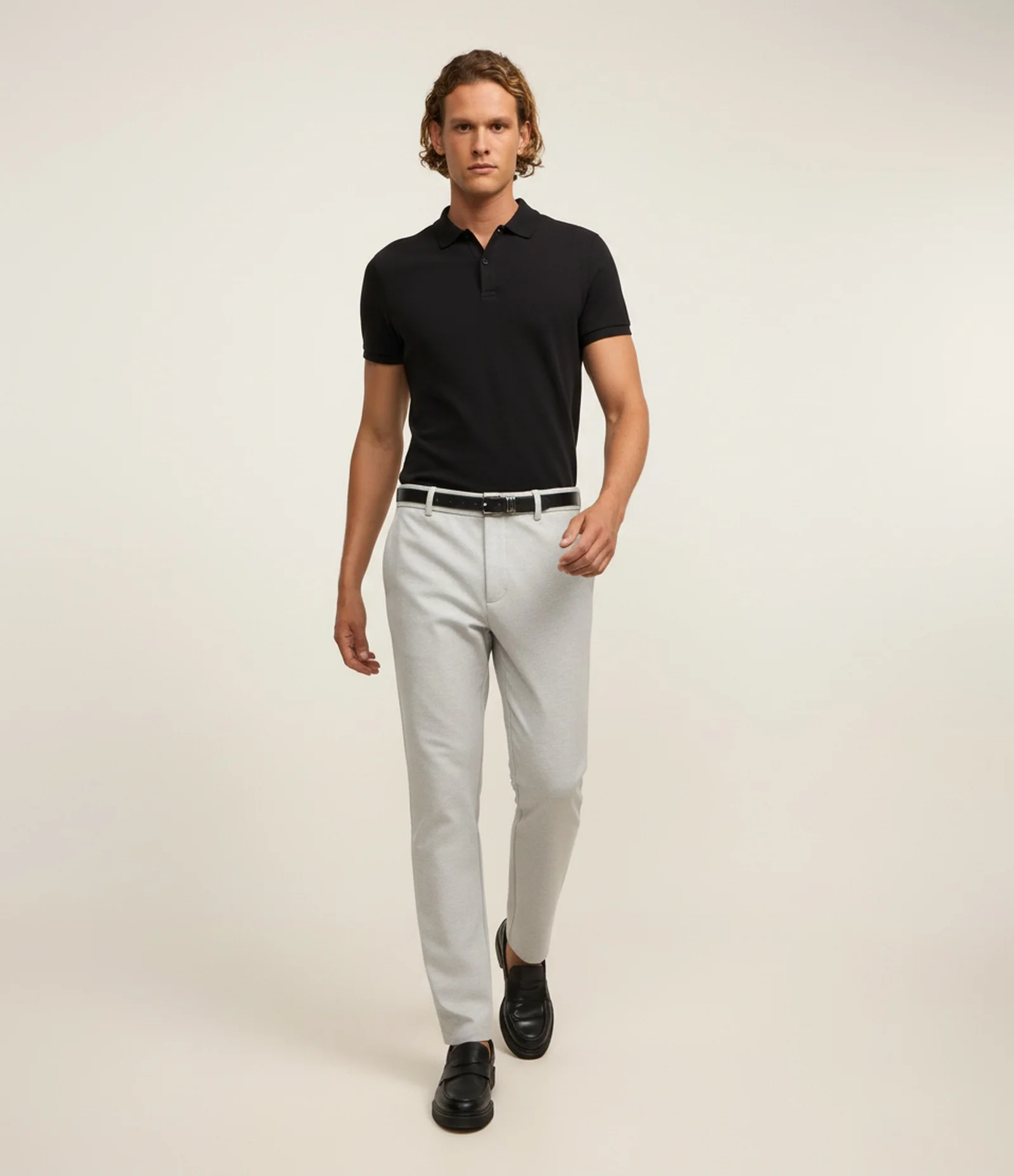 Camisa Polo Slim com Botões e Textura Canelada Preto 1