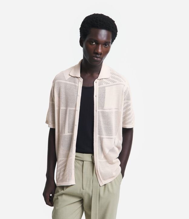 Camisa Slim em Tricô com Textura Geométrica Off White 1