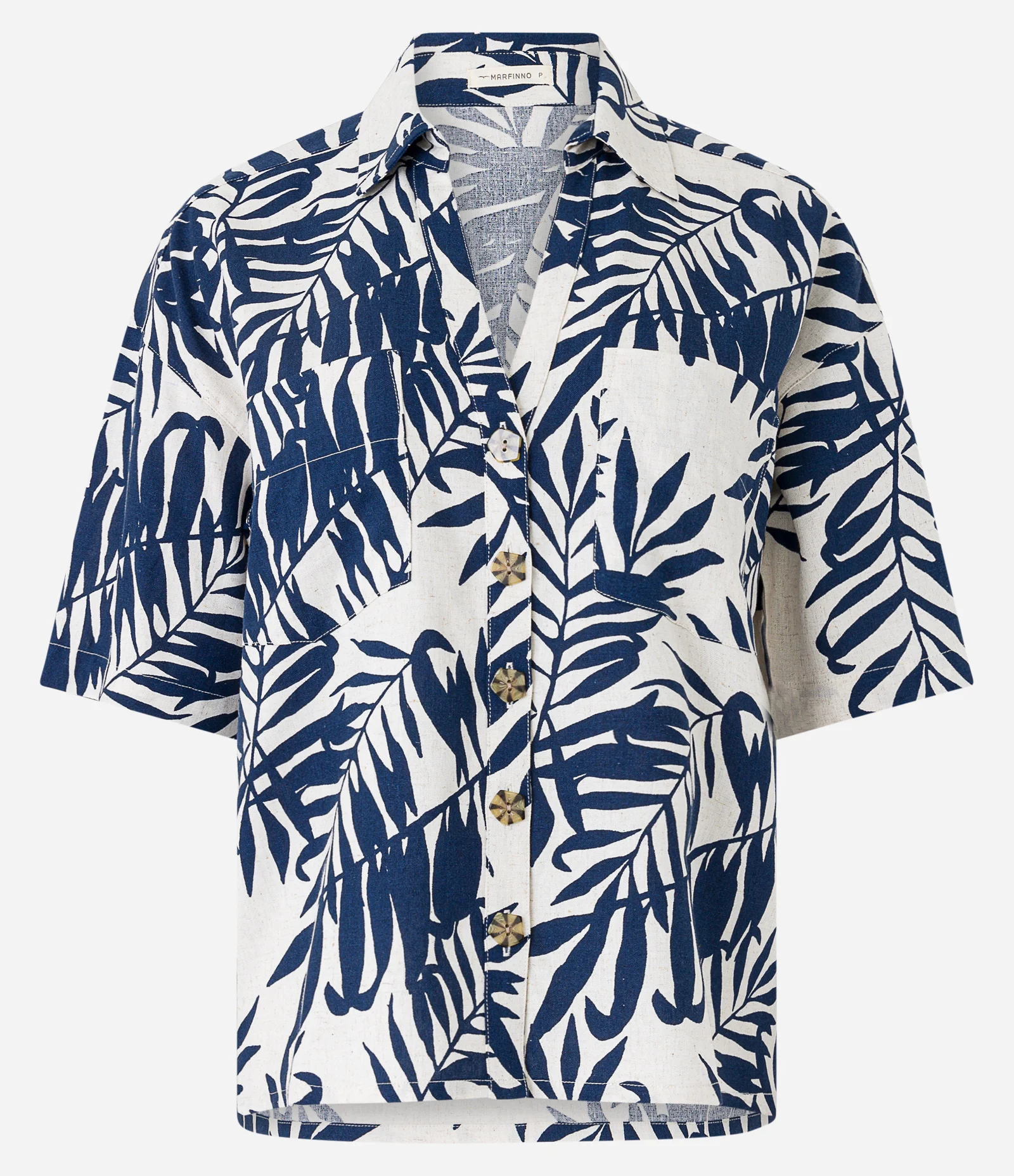 Camisa em Viscolinho com Estampa de Folhagens e Botões Matizados Branco/Azul 1