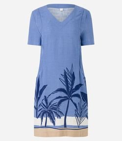 Vestido em Viscolinho com Manga Curta e Estampa Coqueiros