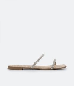 Sandália Rasteira em Pu com Textura e Duas Tiras com Strass