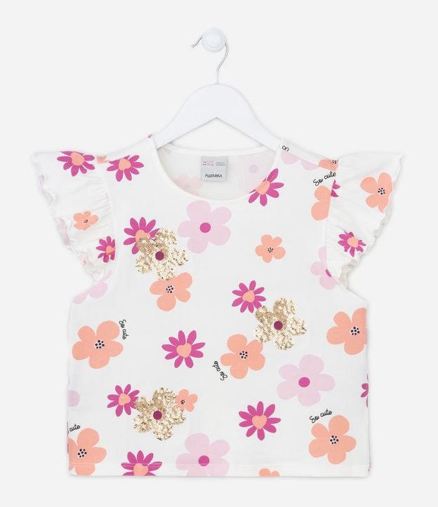 Blusa Infantil com Babadinho nos Ombros e Estampa Floral com Paetês - Tam 5 a 14 Anos