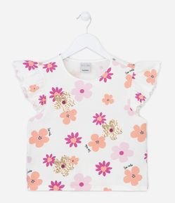 Blusa Infantil com Babadinho nos Ombros e Estampa Floral com Paetês - Tam 5 a 14 Anos