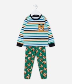 Pijama Longo Infantil com Estampa Listradinha e Tigres - Tam 1 a 4 anos