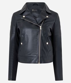 Jaqueta Biker em Material Sintético com Ribana no Ombro