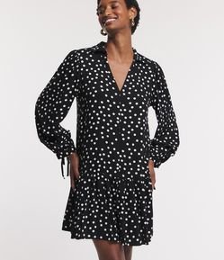 Vestido em Viscose com Manga Bufante e Estampa Poá
