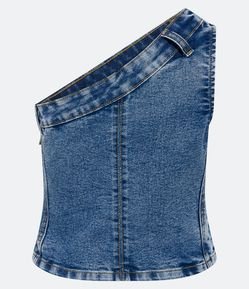 Blusa Jeans de Um Ombro Só com Passantes e Zíper na Lateral