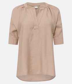 Blusa Manga Bufante em Sarja com Detalhe V na Gola Estruturada
