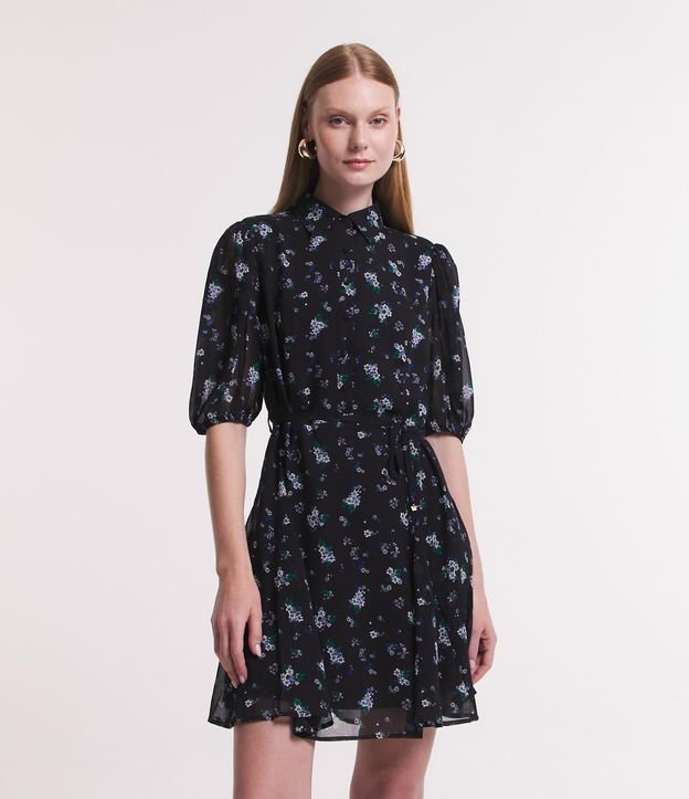 Vestido Chemise em Chiffon com Flores Liberty Estampadas Preto 1