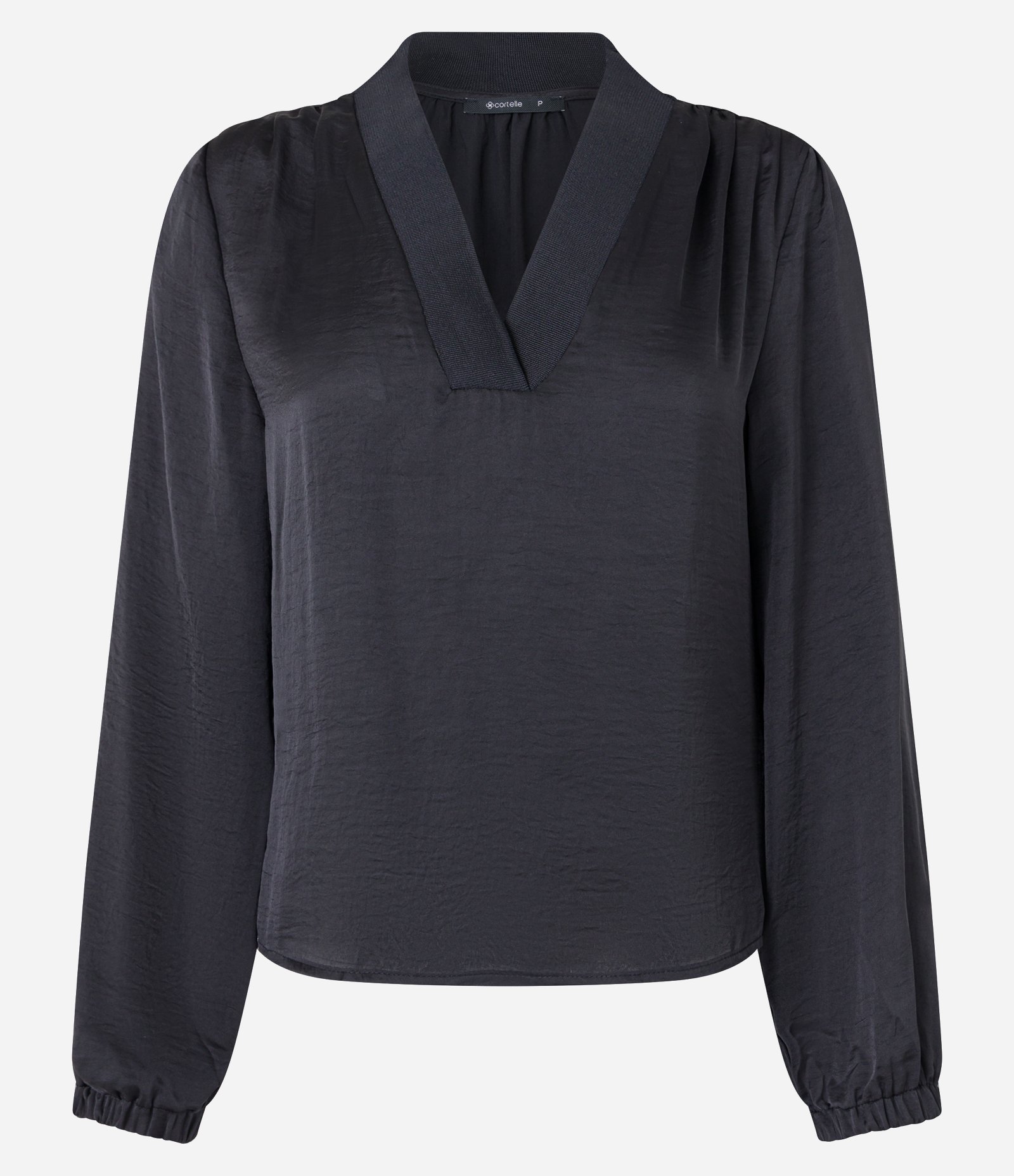 Blusa Acetinada com Decote V e Mangas Bufantes Preto 6