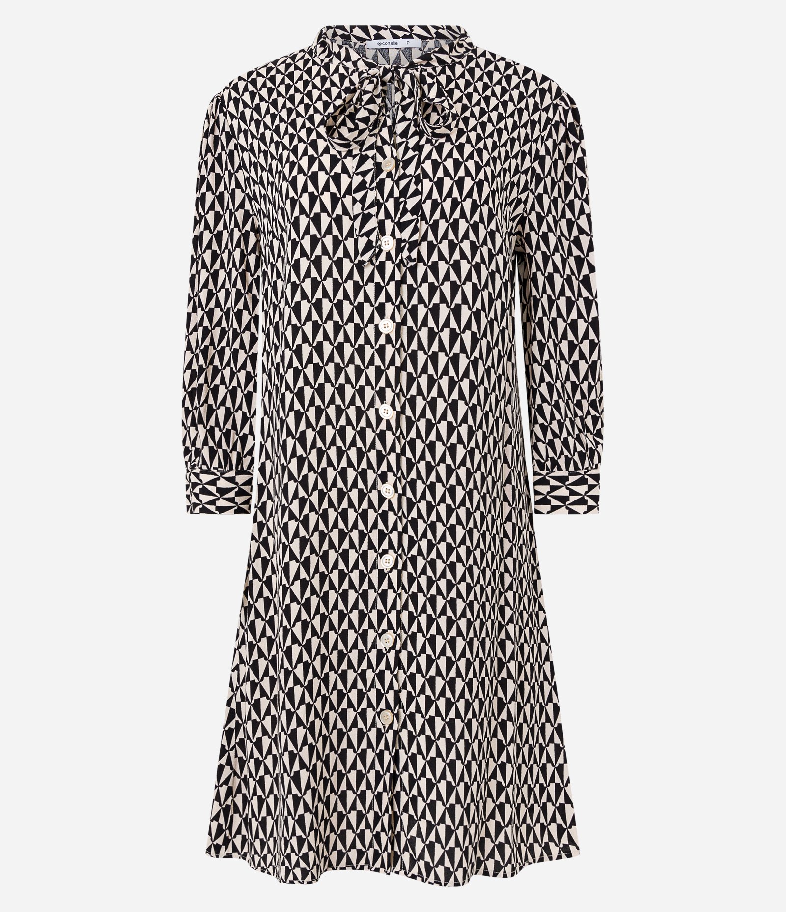 Vestido Midi em Viscose com Amarração na Gola e Estampa Geométrica Preto/ Branco 5