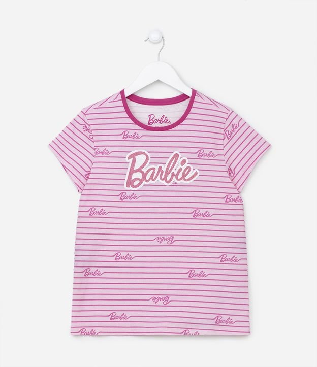 Pijama Curto Infantil Listradinho com Estampa Barbie - Tam 5 a 14 Anos Rosa 2