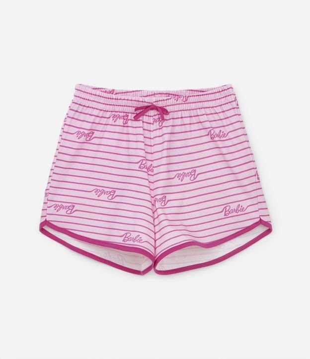 Pijama Curto Infantil Listradinho com Estampa Barbie - Tam 5 a 14 Anos Rosa 5