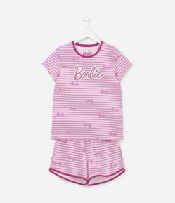 Pijama Corto Infantil Rayado con Estampa Barbie - Talle 5 a 14 años