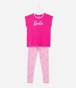 Pijama Longo com Estampa da Barbie e Listras - Tam 5 a 14 Anos