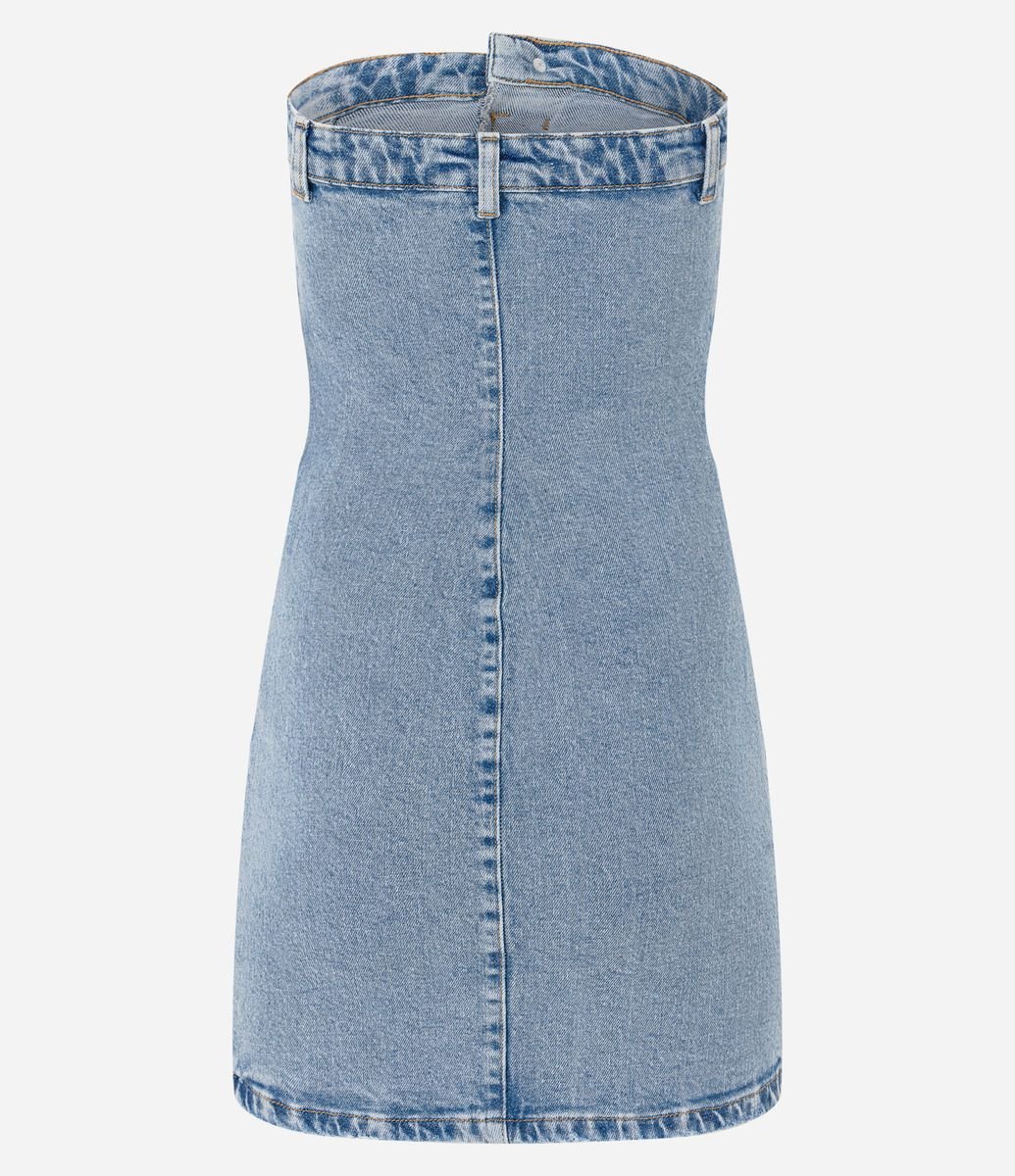 Vestido Curto Jeans Tomara que Caia com Recortes e Zíper Lateral Azul