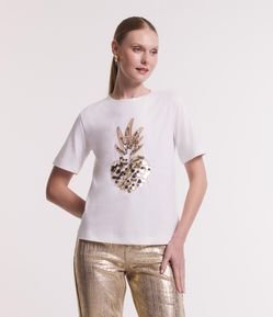 Blusa Manga Curta em Meia Malha Coração Abacaxi de Paetês