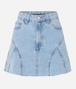 Saia Curta Jeans com Recortes e Bolsos