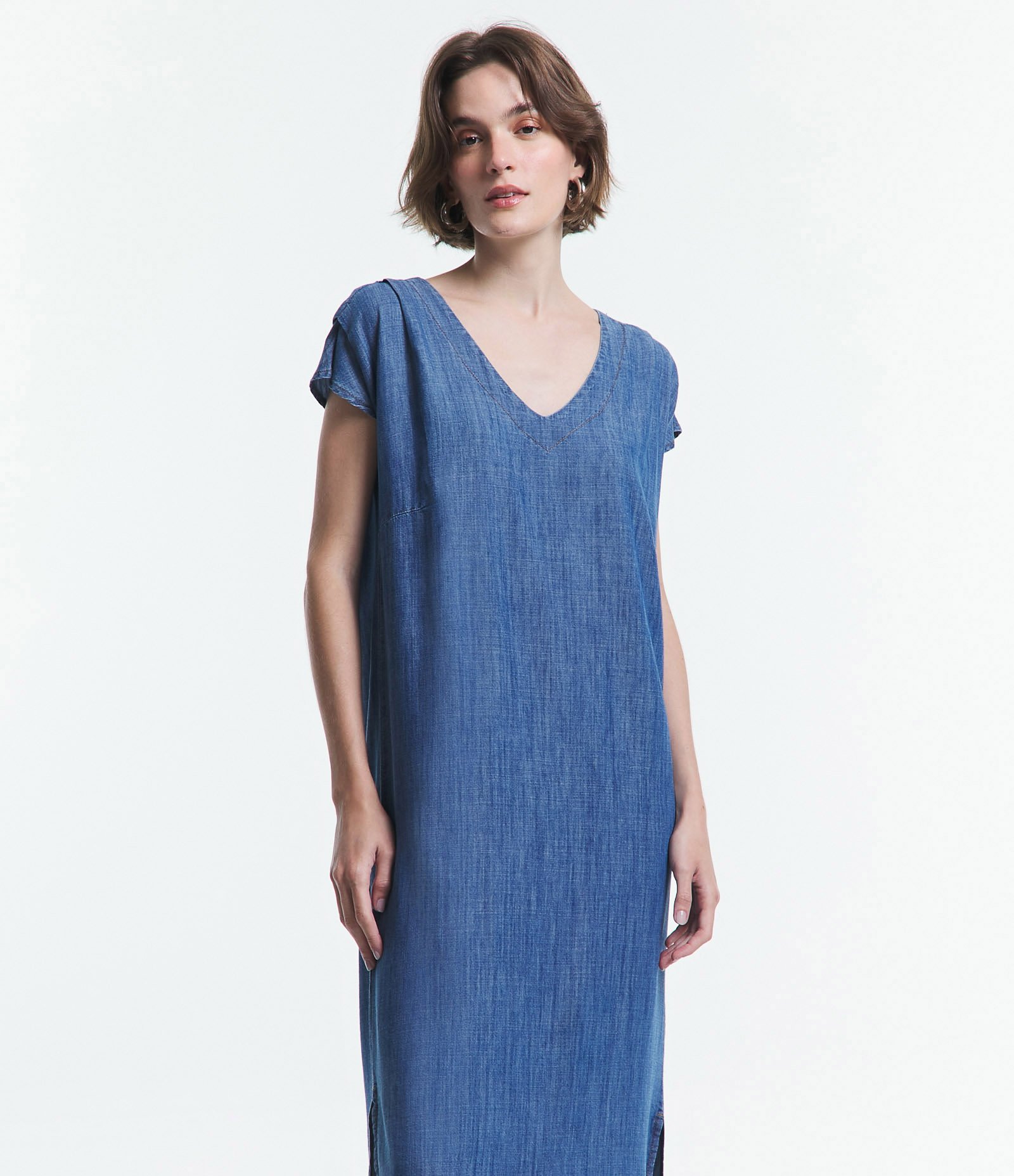 Vestido Longo T-Shirt em Jeans com Fendas Azul 3