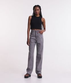 Calça Wide Leg Jeans com Brilhos Aplicados na Frente