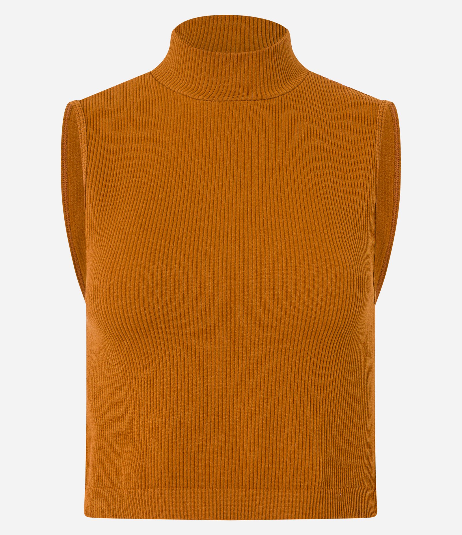 Blusa Regata em Poliamida Canelada Sem Costura e com Golinha Alta Marrom 5
