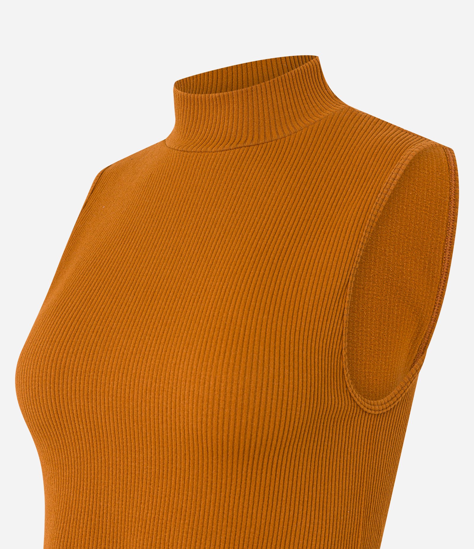 Blusa Regata em Poliamida Canelada Sem Costura e com Golinha Alta Marrom 6