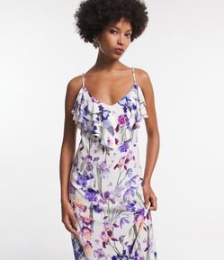 Vestido Midi de Alça em Viscose com Babado Jabô e Flores Estampadas