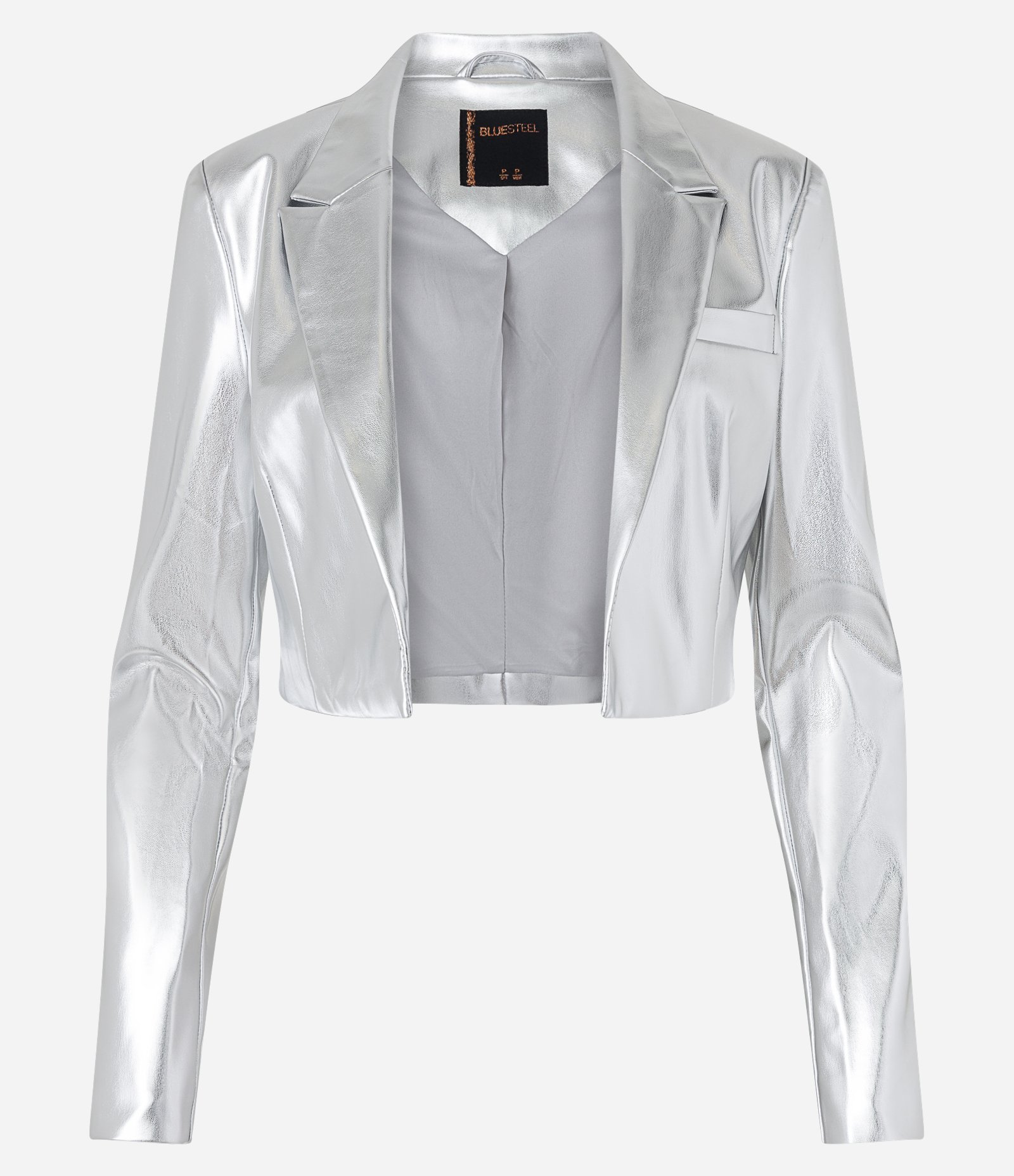 Blazer Cropped em Pu Metalizado e Bolsinho Prata 5
