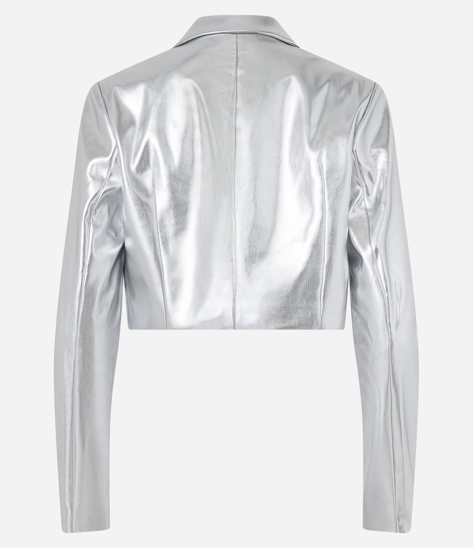 Blazer Cropped em Pu Metalizado e Bolsinho Prata 6