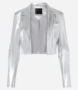 Blazer Cropped em Pu Metalizado e Bolsinho