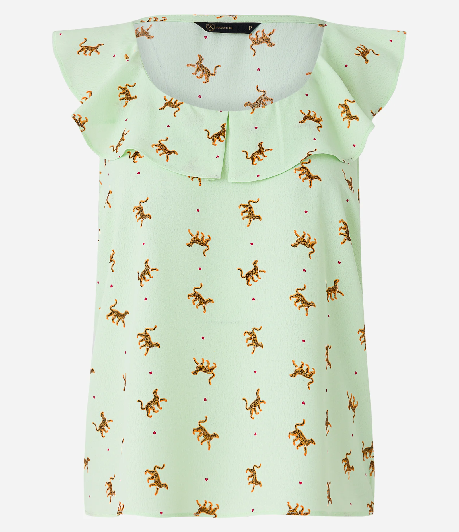 Blusa Sem Manga em Crepe com Gola Babado e Onças Estampadas Verde 1