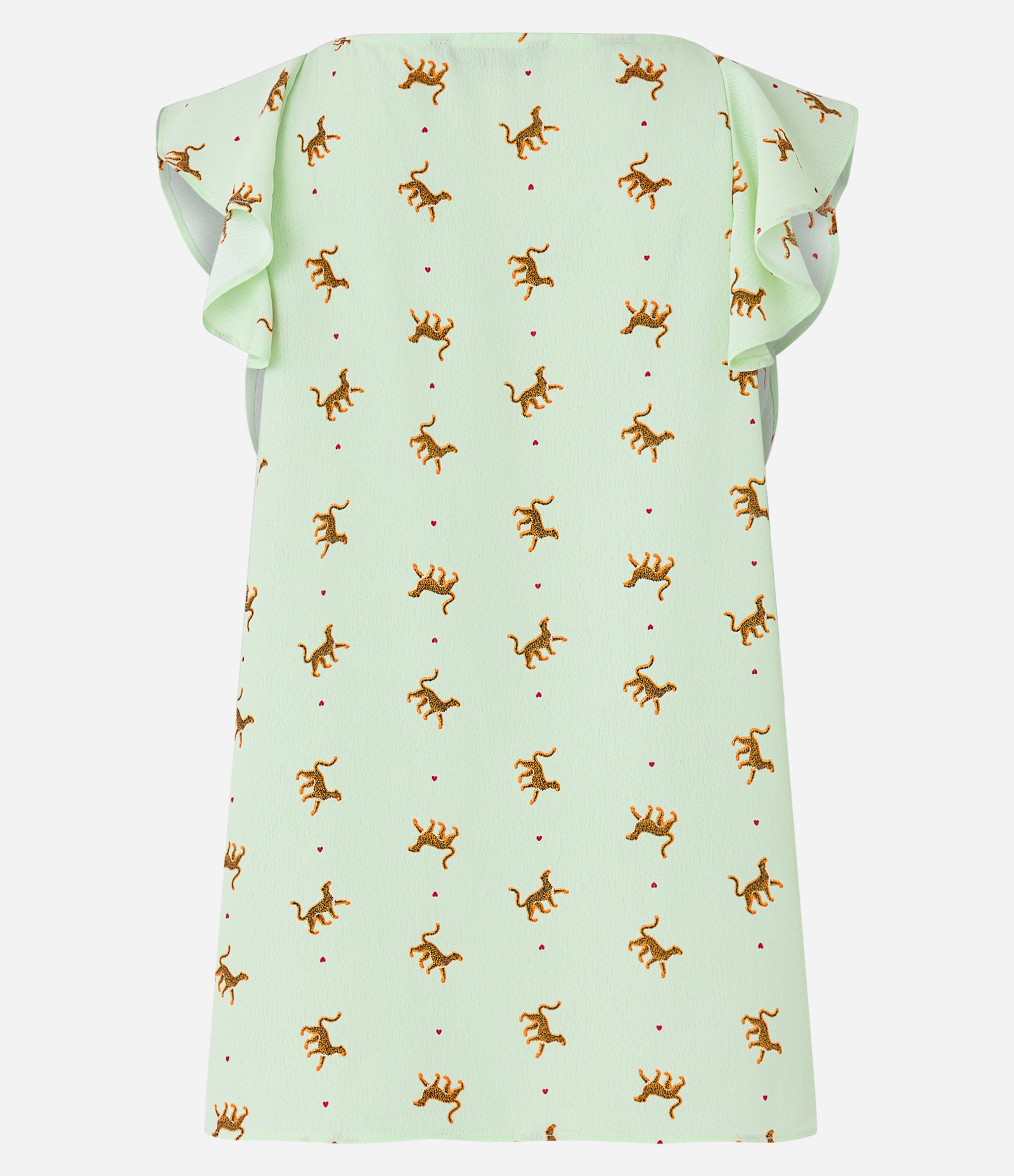 Blusa Sem Manga em Crepe com Gola Babado e Onças Estampadas Verde 2