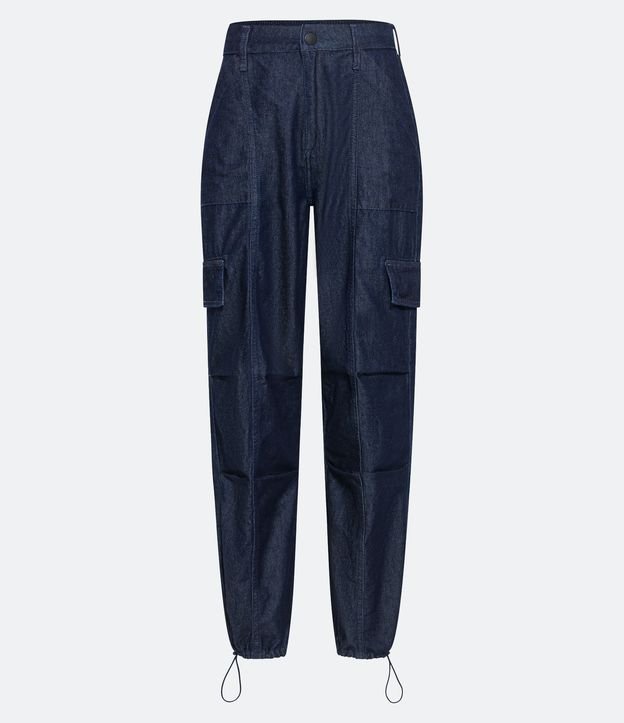 Calça Parachute Cintura Alta em Jeans com Bolsos Cargo Azul 5