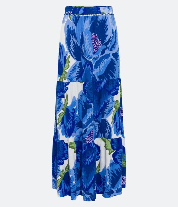 Saia New Midi Texturizada com Estampa Floral e Trançado no Cós Azul 7