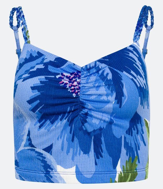 Blusa Cropped Texturizada com Decote Coração e Estampa Floral Azul 7