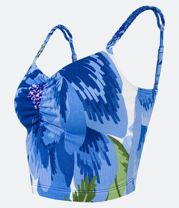 Blusa Cropped Texturizada com Decote Coração e Estampa Floral Azul 8
