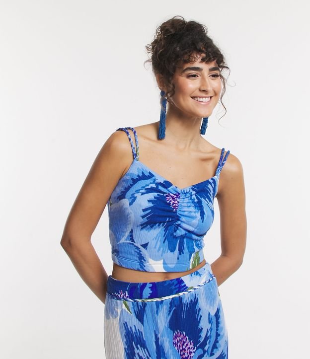 Blusa Cropped Texturizada com Decote Coração e Estampa Floral Azul 3