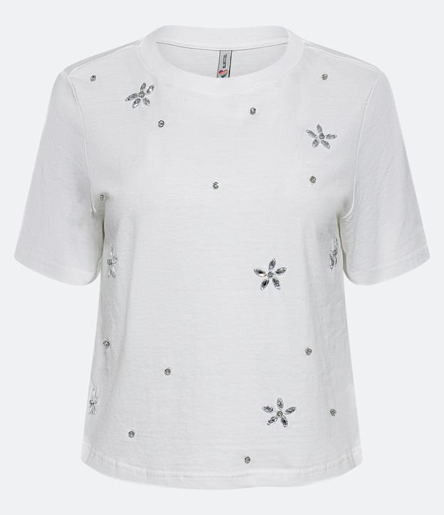 Blusa T-shirt em Meia Malha com Pedrinhas Aplicadas em Formato de Flor Branco 5