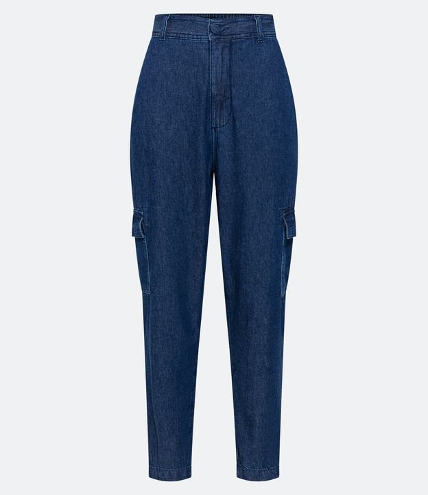 Calça Cargo em Jeans com Bolsos Laterais e Lapelas Dianteiras Azul 6