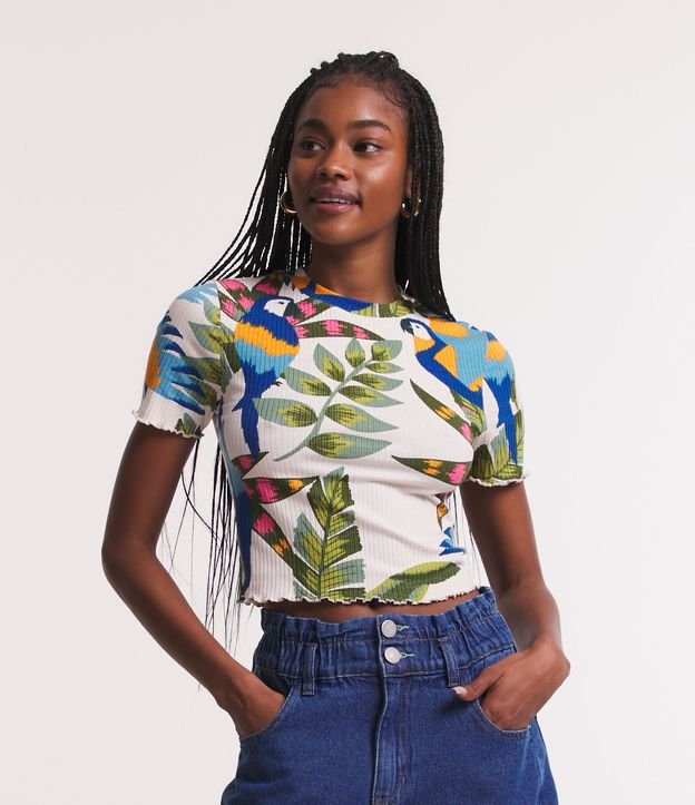 Blusa em Ribana Texturizada e com Estampa Tropical Branco 1